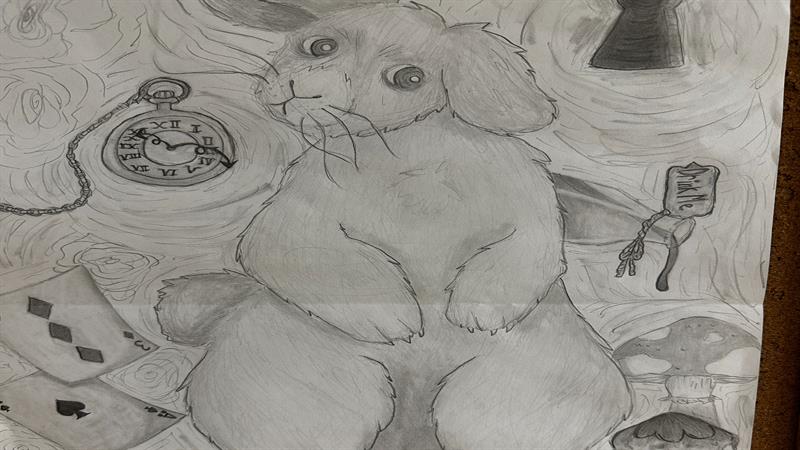 Drawing of a rabbit and things associated with Alice in Wonderland