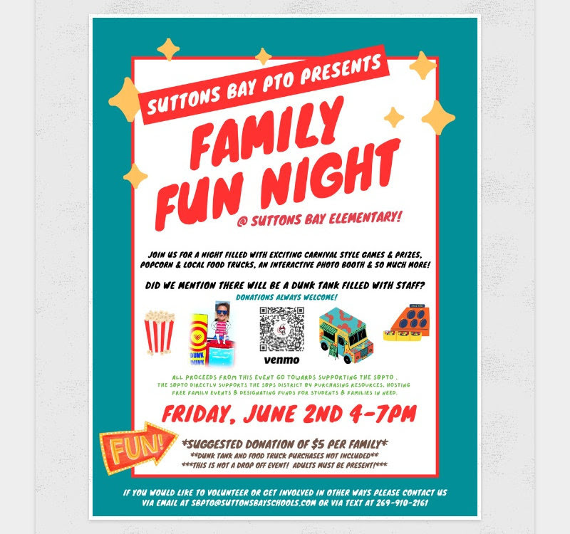 Flyer for Suttons Bay Elementary Family Fun Night Event