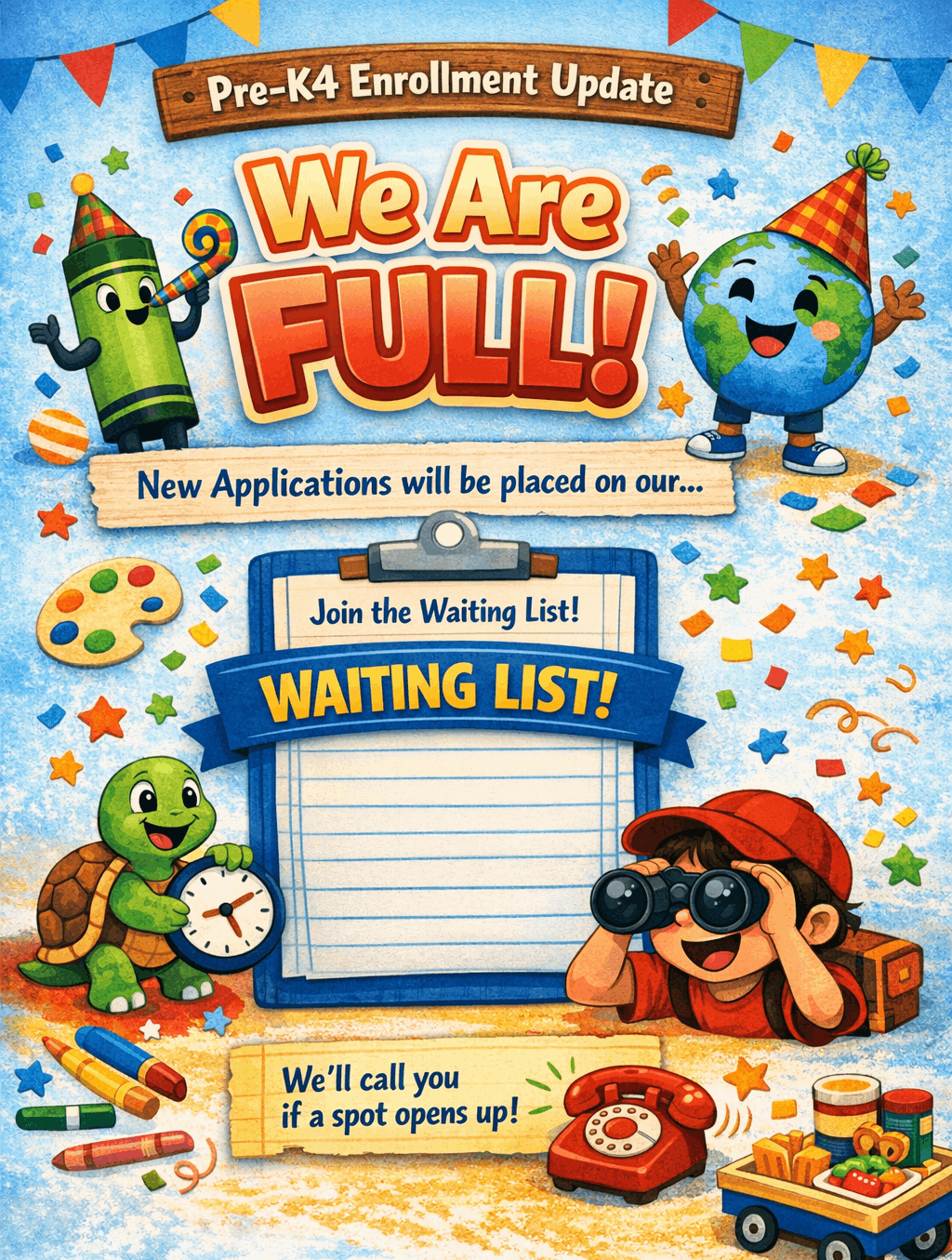 A colorful Pre-K4 enrollment update graphic with a playful, school-themed design. At the top, a wooden sign reads “Pre-K4 Enrollment Update” with bright pennant banners above it. Large text in the center says “We Are FULL!” next to a smiling green crayon and a happy globe, both wearing party hats, surrounded by confetti, stars, a paint palette, and a school bus. Below, a torn paper banner reads “New Applications will be placed on our…” above a large clipboard that says “Join the Waiting List!” and “WAITING LIST!” in bold letters. A turtle holding a clock stands on one side, and a child with binoculars and a red cap looks excited on the other. At the bottom, a yellow notepad reads “We’ll call you if a spot opens up!” next to a ringing red phone and a snack cart, reinforcing that new applicants will be placed on a waiting list.