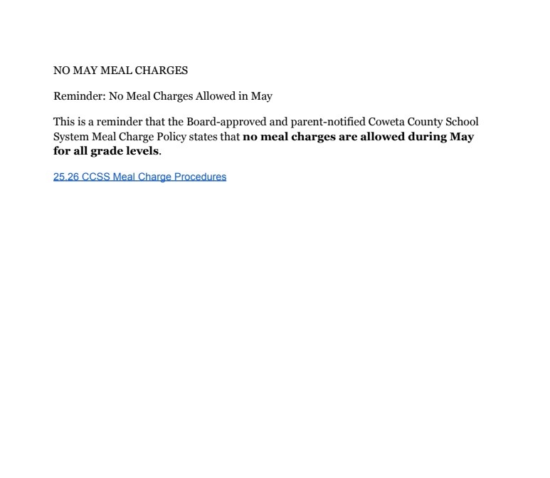 May Meal Charge Reminder