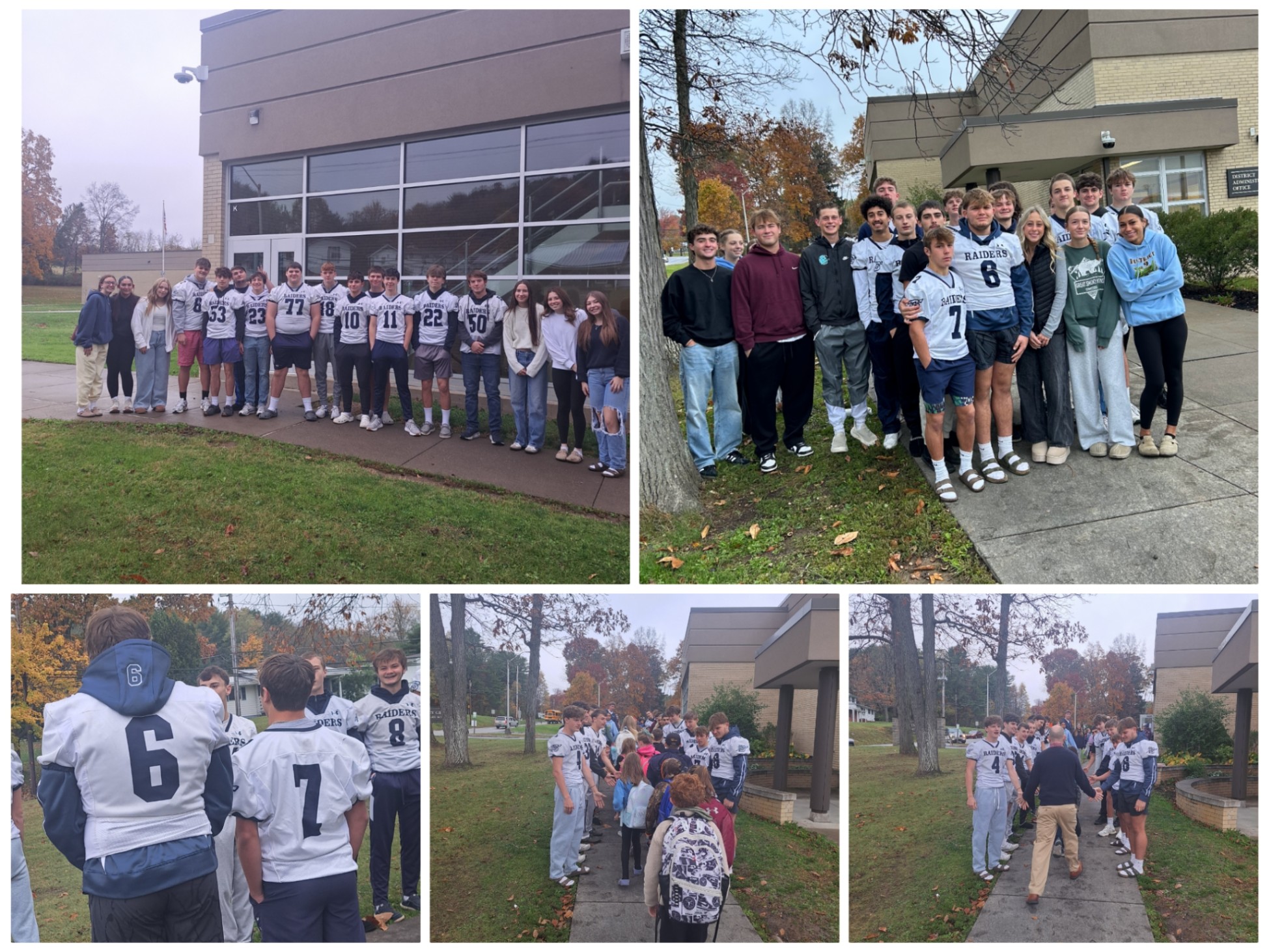 Photo collage of high school students greeting Hickory Grove students as they arrive to school.