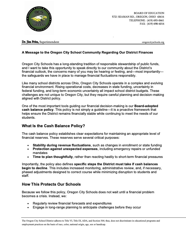 A Message to the Oregon City School Community Regarding Our District Finances