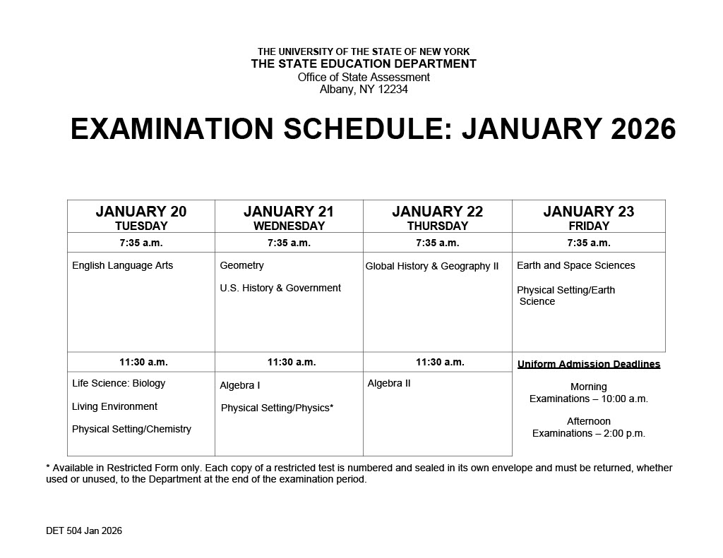 Jan 2026 Regents schedule