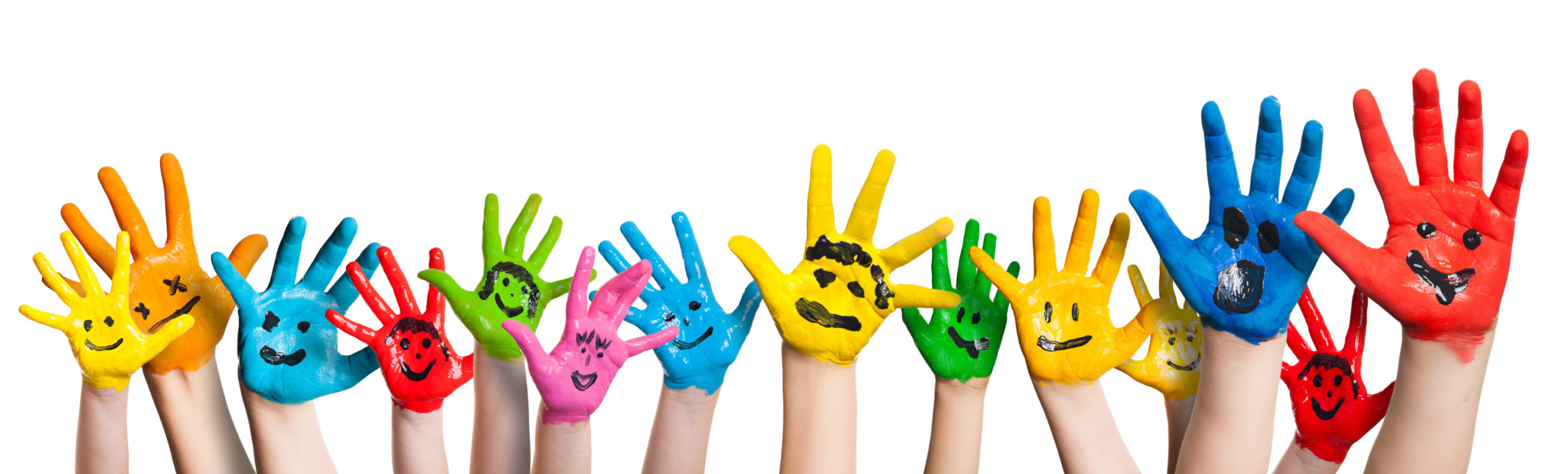 Children's hands sticking up, their palms painted colors with faces on them smiling