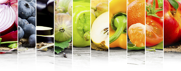 Fruits and vegetables lined up by color
