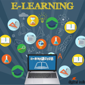 laptop shows e-learning on screen background is bubbles with academic icons