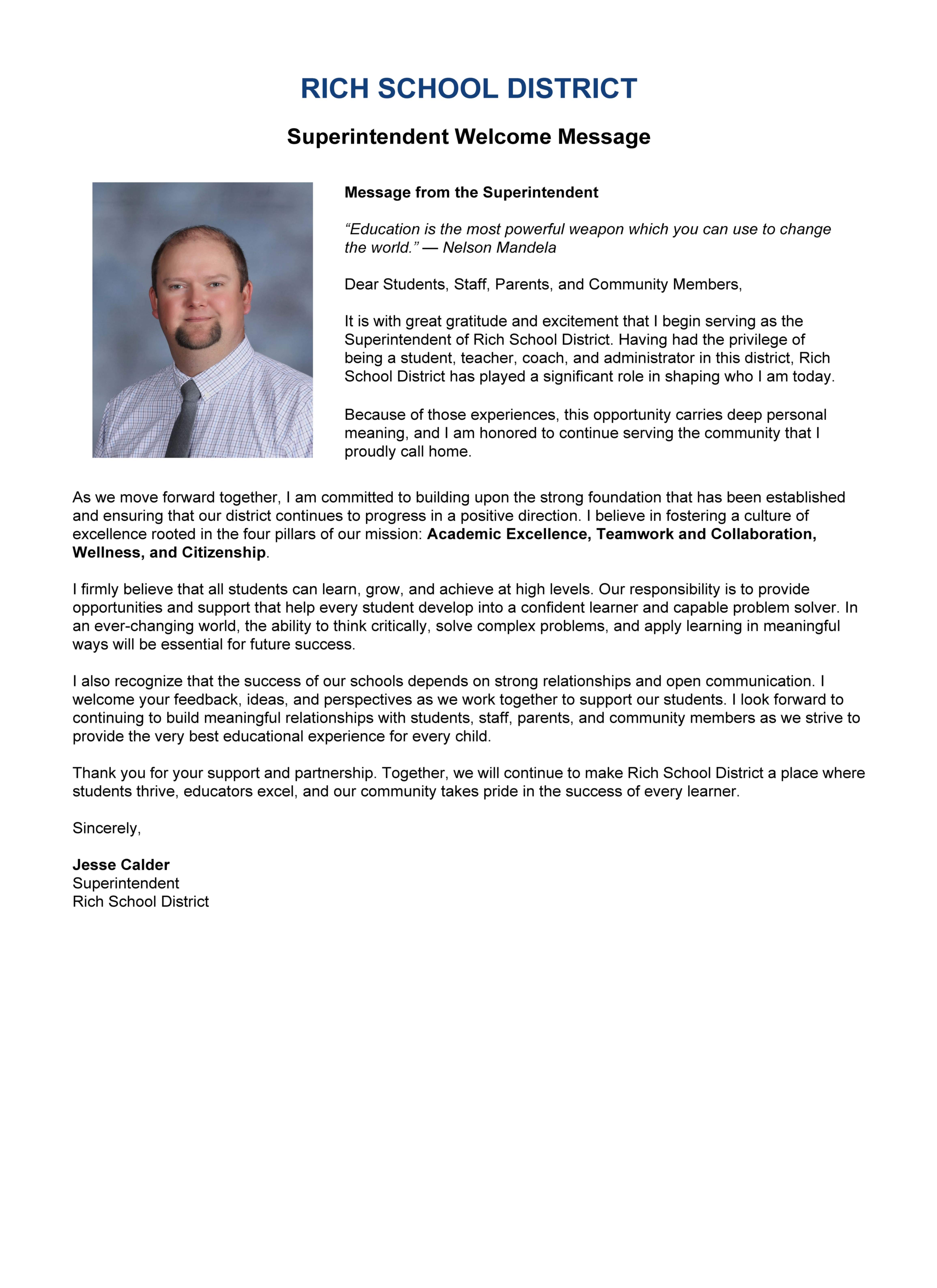 SUPERINTENDENT MESSAGE