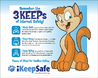 A cartoon cat promotes the 3 KEEPS of internet safety: Keep Safe, Keep Away, and Keep Telling.