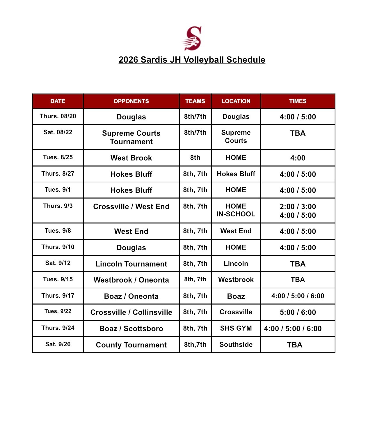 2026 JH Volleyball Schedule