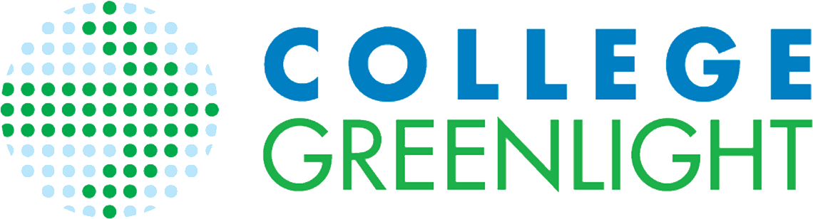 college greenlight logo, blue and green lettering, green arrow