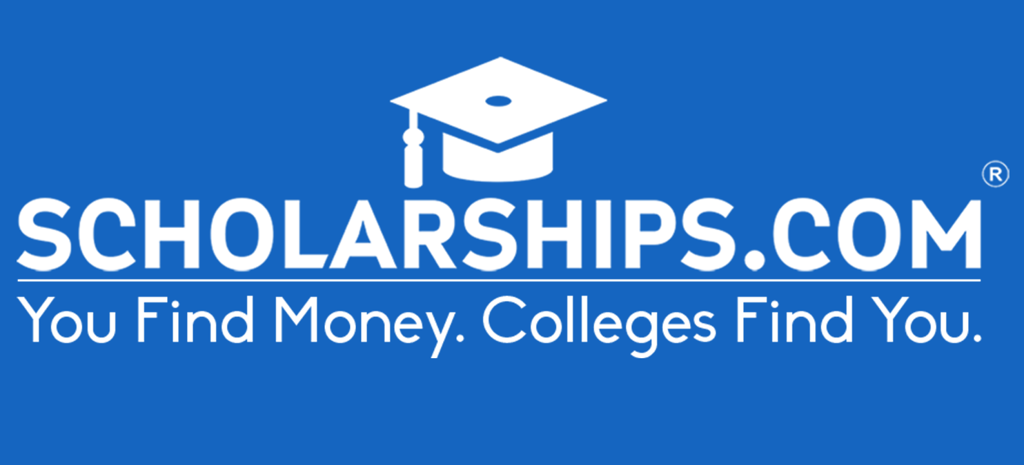scholarships.com logo, blue background, white letters