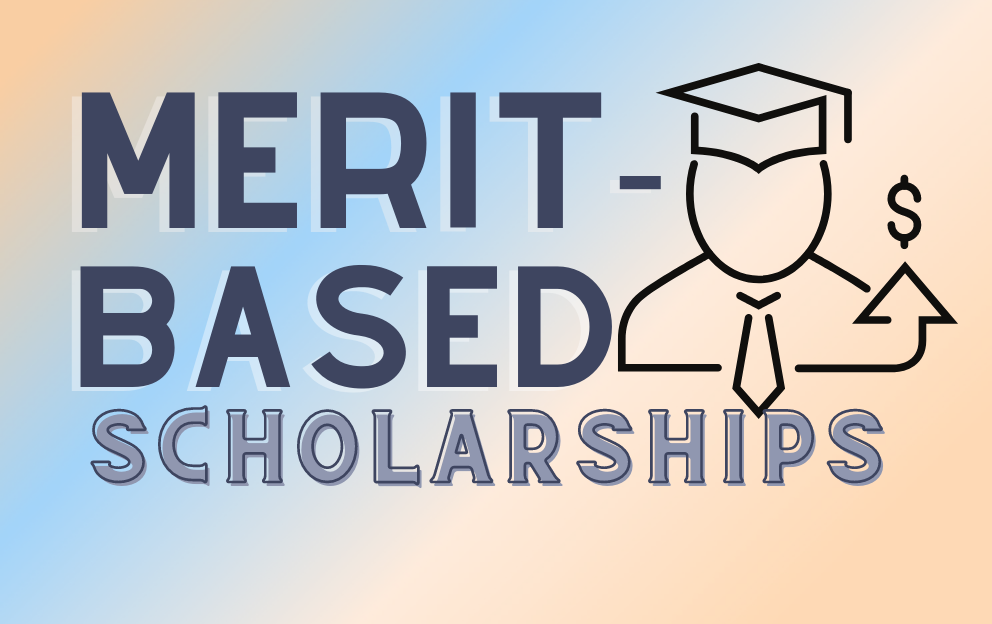 Merit-Based Scholarships, words with illustration of graduate on colorful background