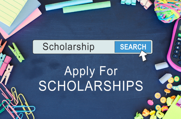 search for scholarships graphic, blue desk surface with paperclips and other desk items