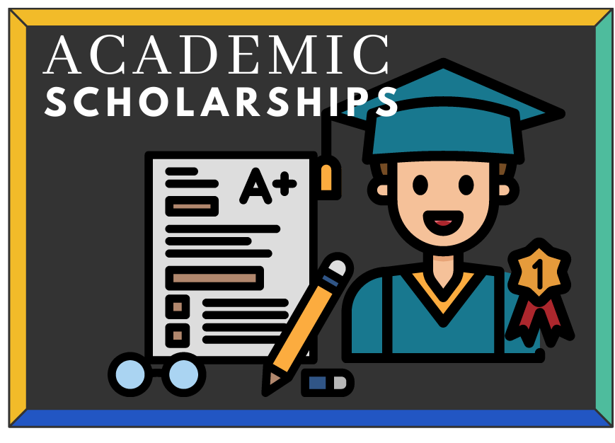 Academic Scholarships, white lettering on black board, with graduate illustration and A+ report card