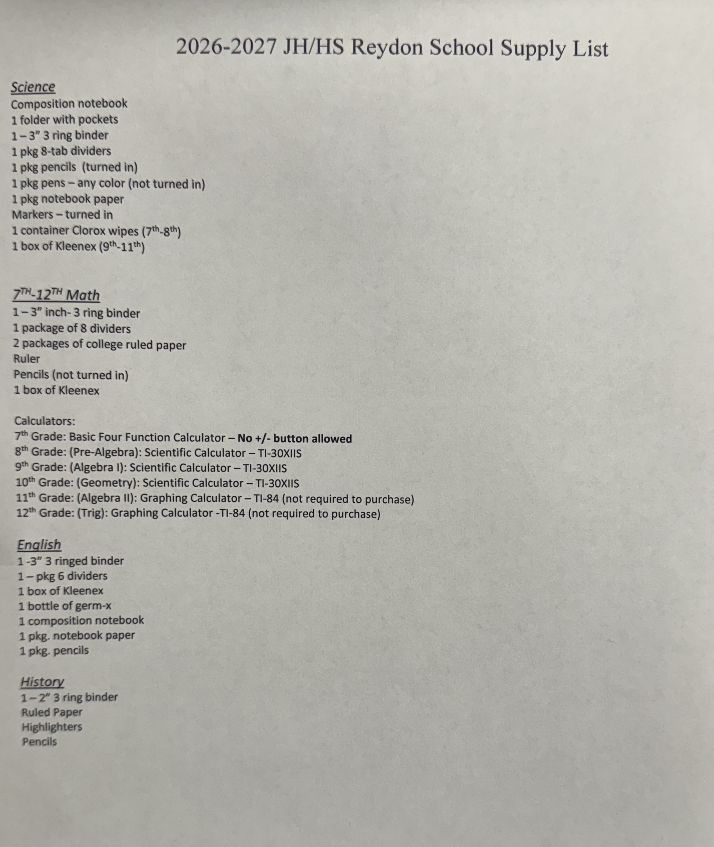 26-27 JH/HS School Supply List