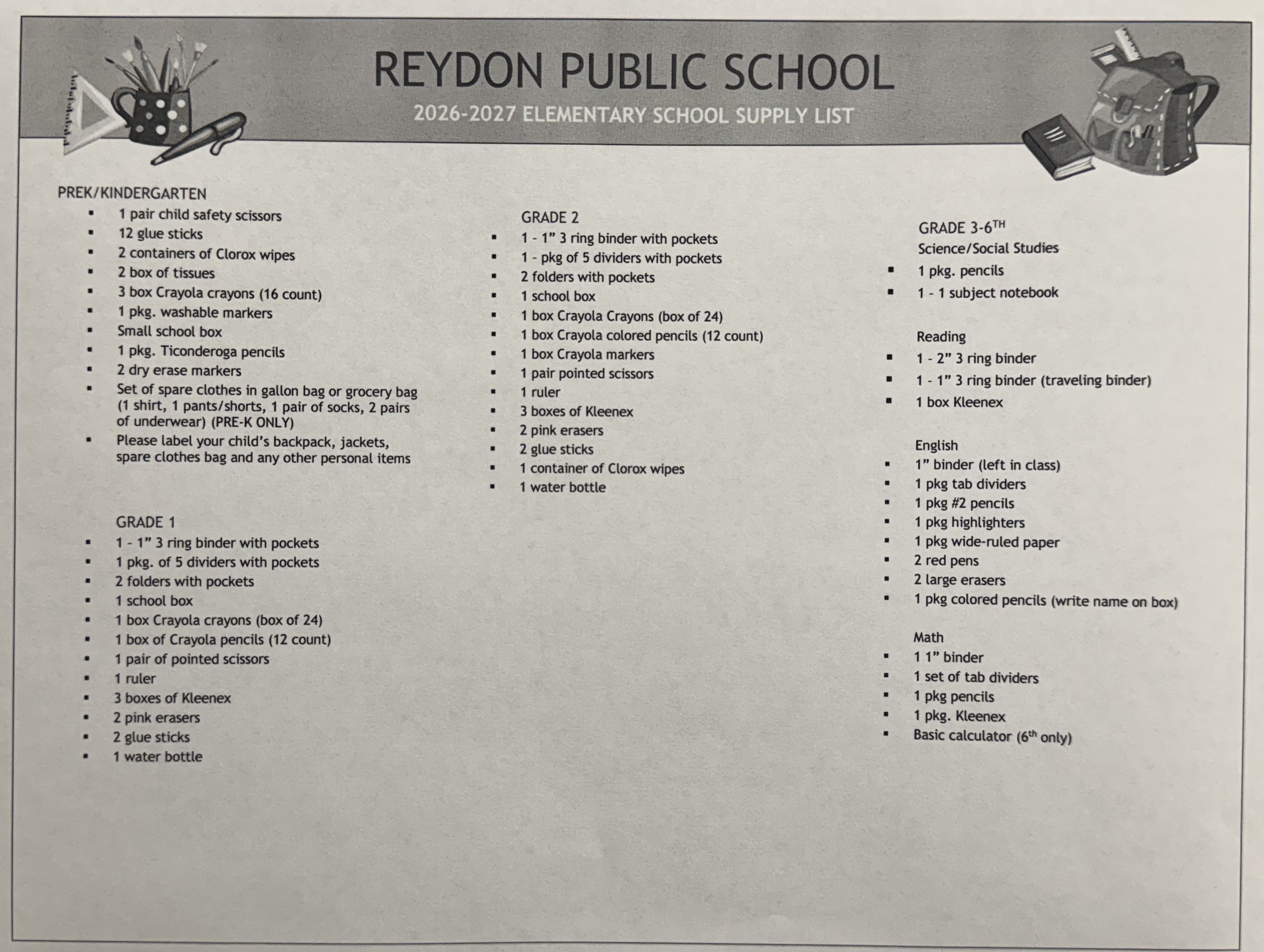 26-27 Elementary Supply List