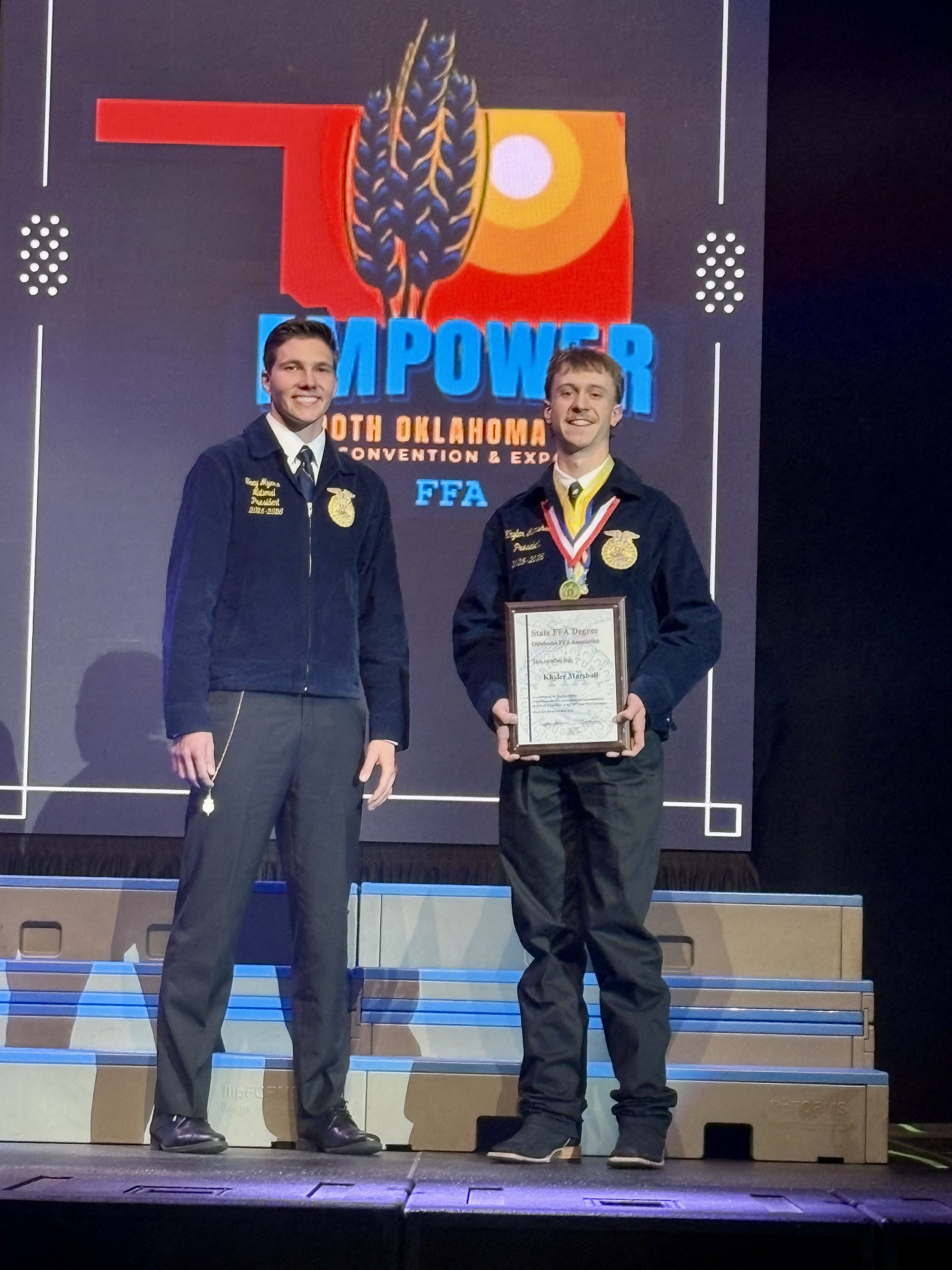 Khyler Marshall got his State FFA Degree last week at the 100th Oklahoma State FFA Coni. There were 801 Seniors getting their degrees and of those, 81 were recognized for Academic Excellence and he was one of them. We are so proud of him!!