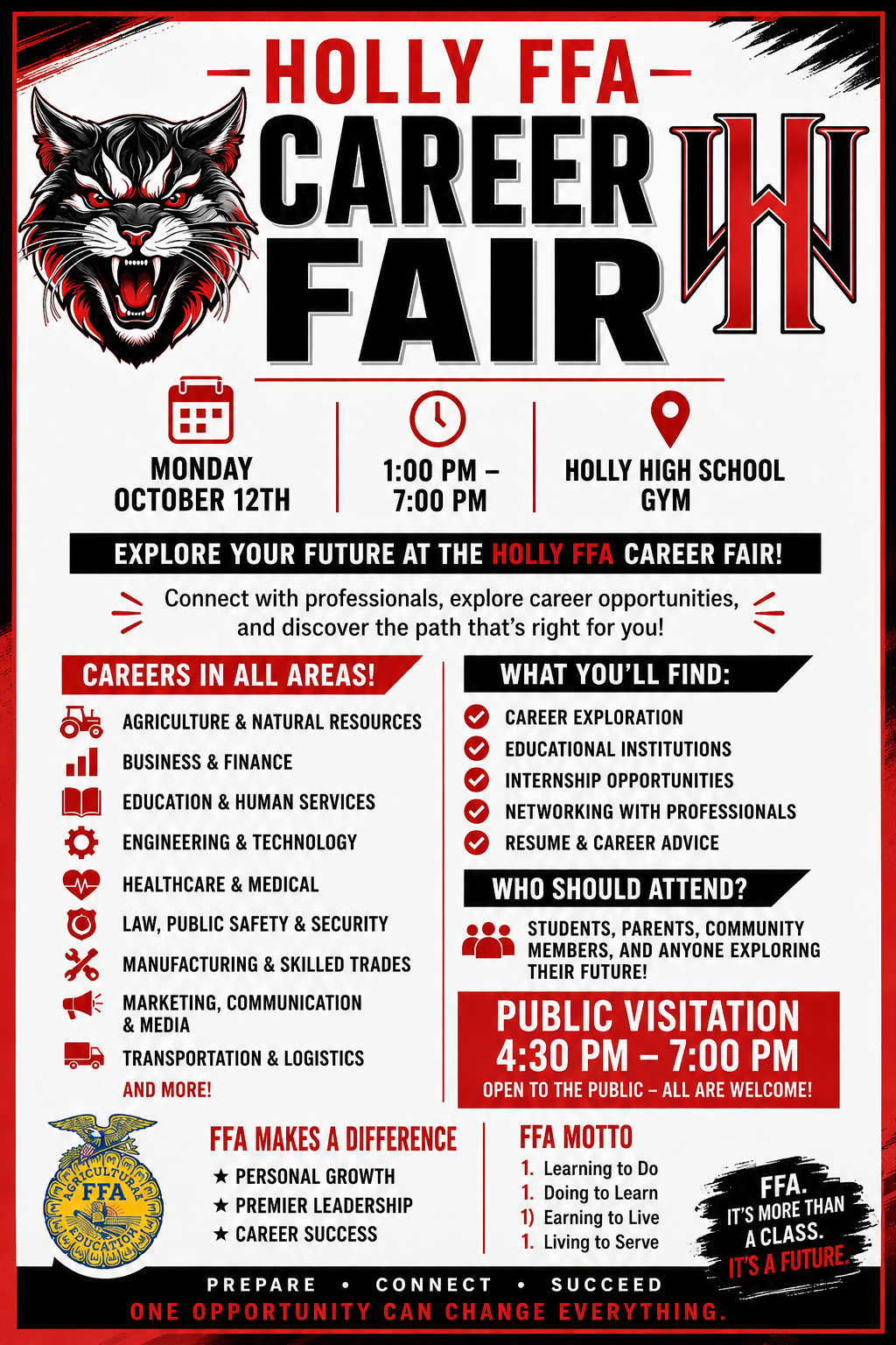 Holly School Distristric FFAA Career Fair Poster for event. October 12th 1-7pm in Holly School Gym. Open to the public 4:30-7pm 