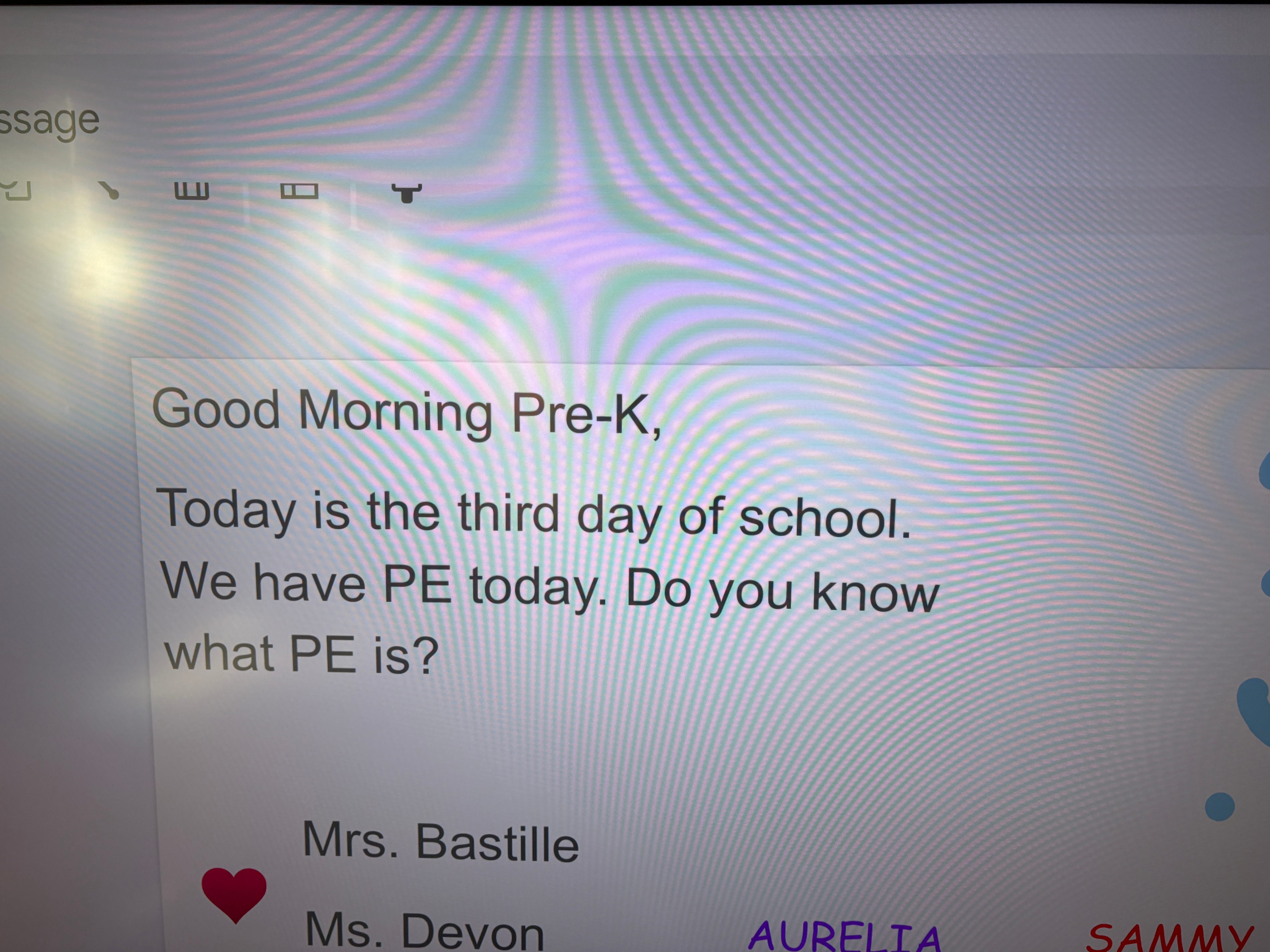 Picture of typical morning message to students
