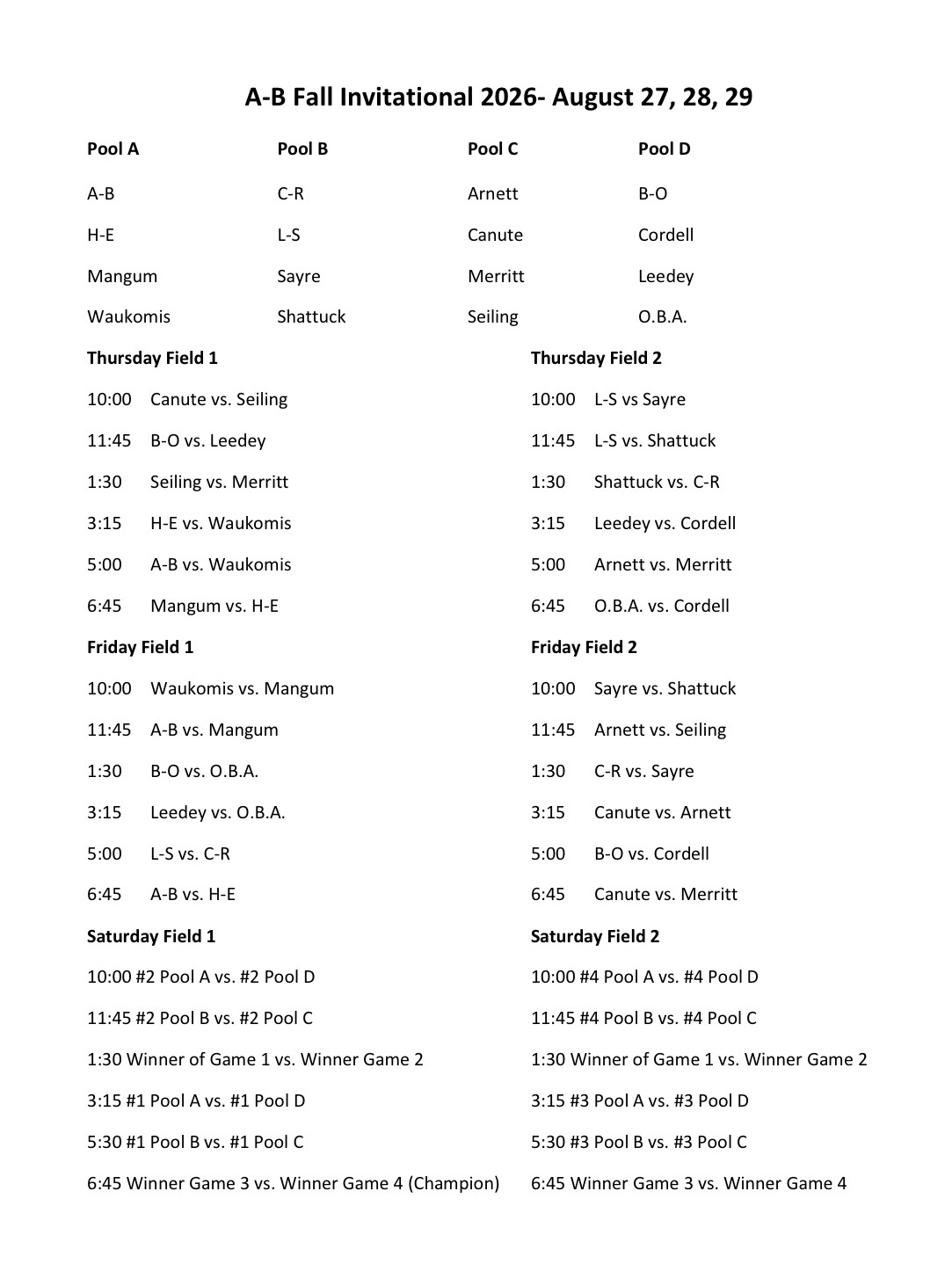 A-B Fall Softball Invitational 2026- August 27, 28, 29 