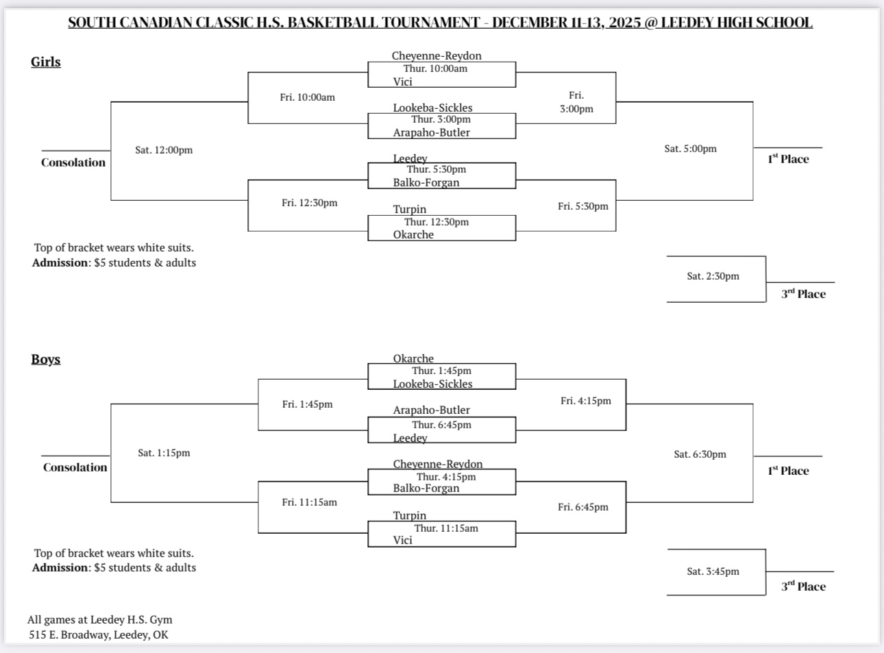 SOUTH CANADIAN CLASSIC H.S. BASKETBALL TOURNAMENT - DECEMBER 11-13, 2025 @ LEEDEY HIGH SCHOOL