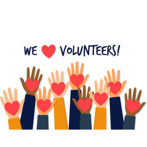 hands with hears and the words We heart volunteers! 
