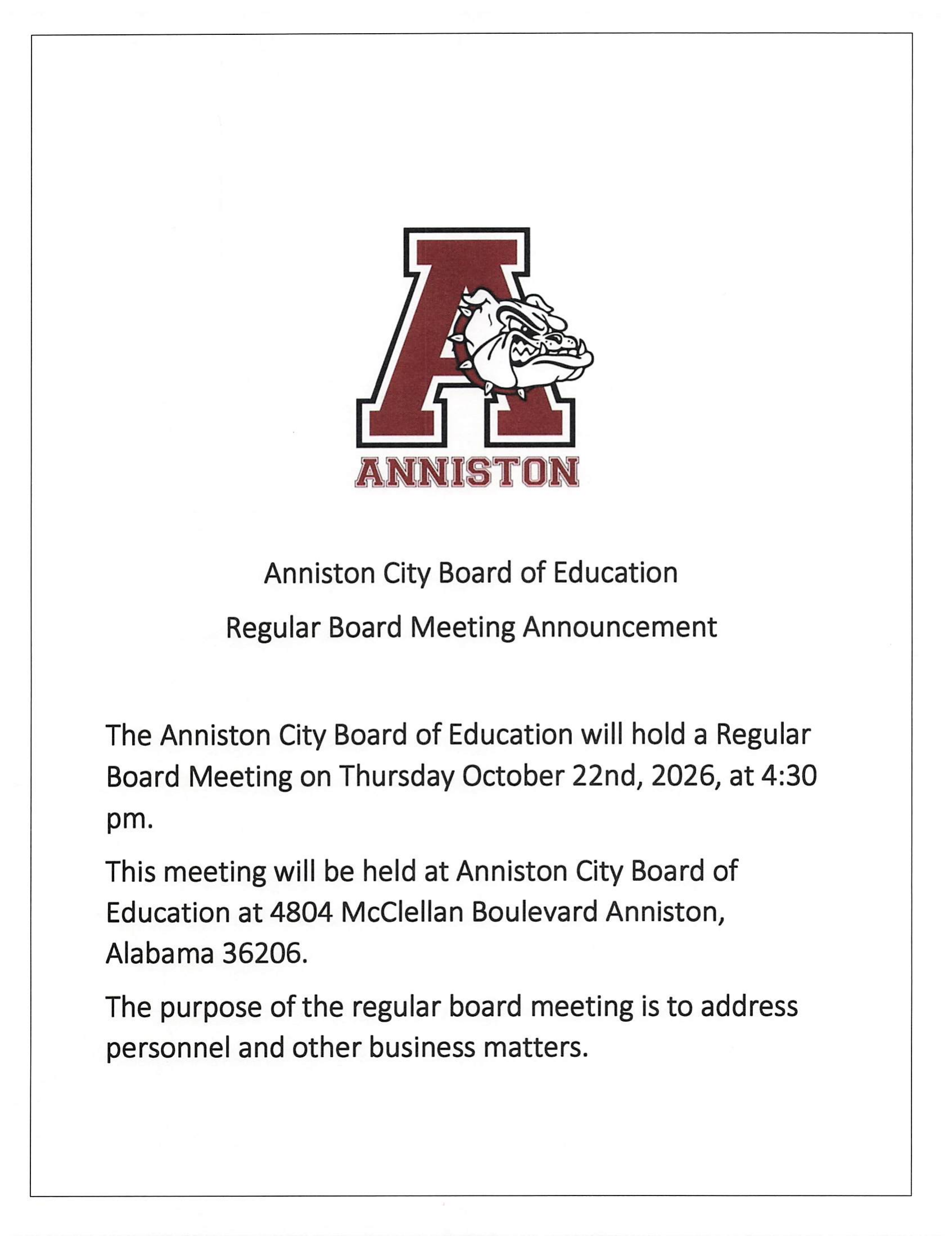Board meeting announcement - October 2026