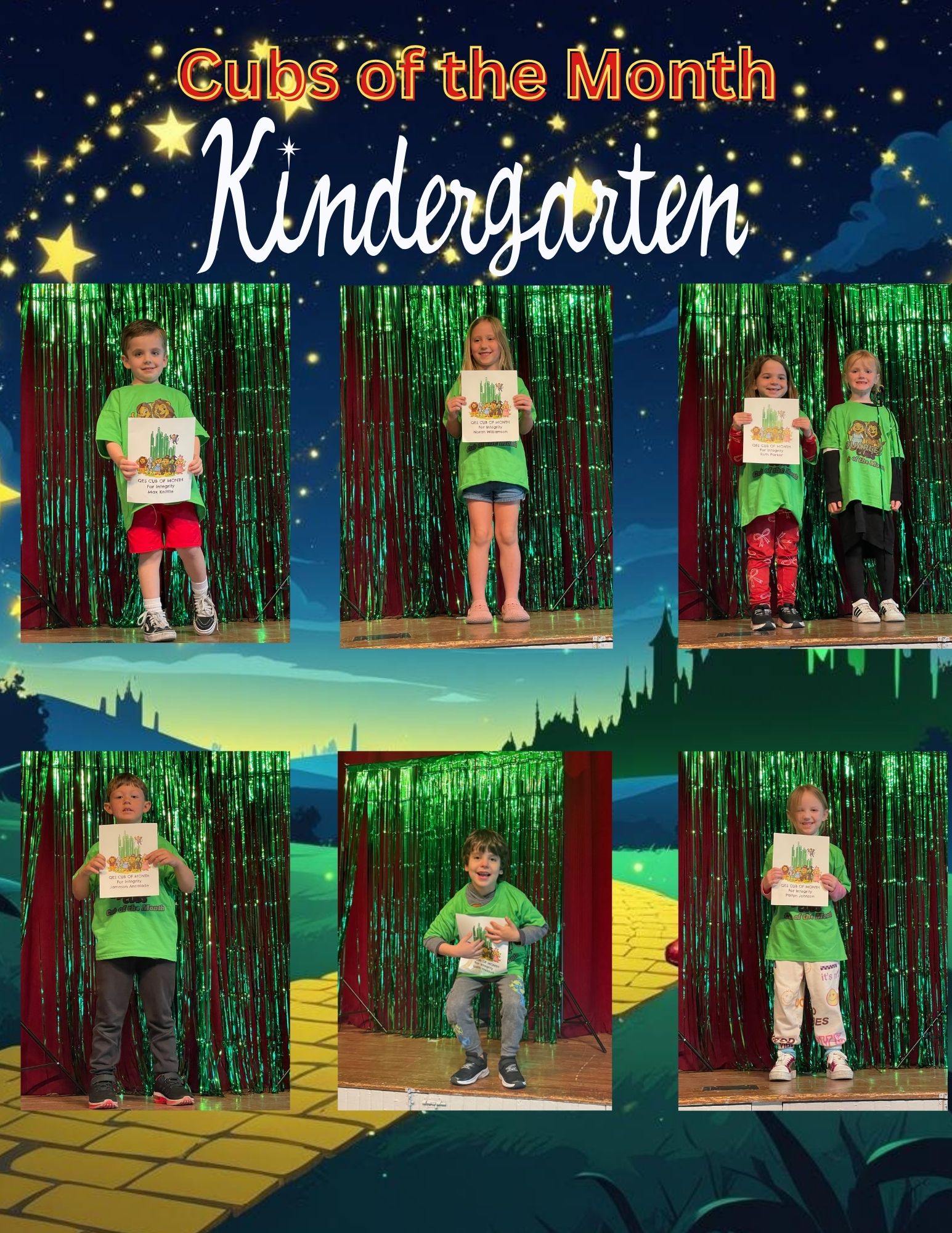A collage titled “Cubs of the Month – Kindergarten” features six kindergarten students, each standing in front of a green tinsel curtain and holding a certificate recognizing them as a Cub of the Month. The background design includes a magical night sky with stars, a castle silhouette, and a yellow brick road, creating a whimsical, celebratory theme.