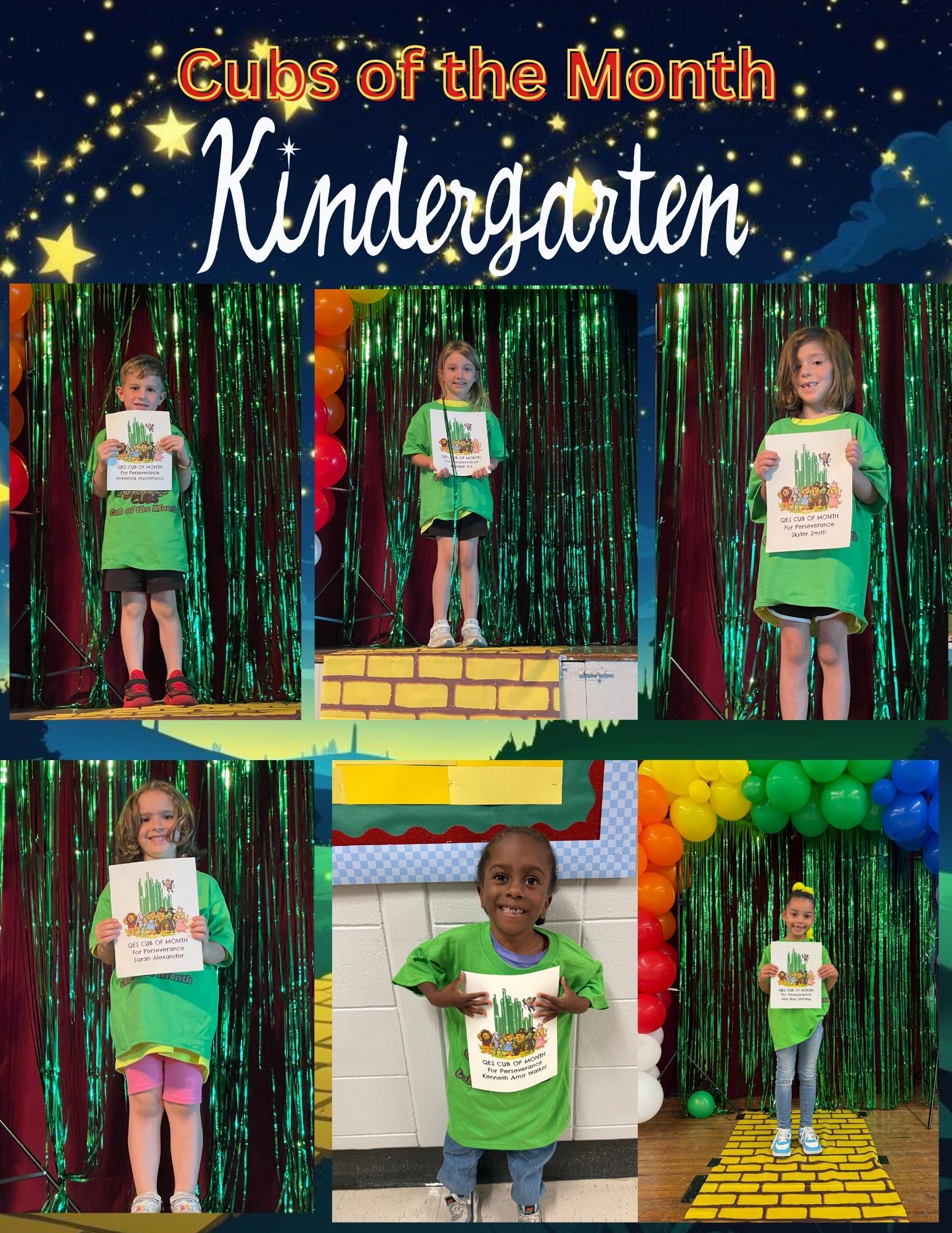 A collage features six kindergarten students recognized as Cubs of the Month. Each child stands in front of a colorful Wizard‑of‑Oz‑themed backdrop with green tinsel, rainbow balloons, and a yellow brick road. They each hold a certificate labeled “Cub of the Month” with an Emerald City illustration and their name. At the top, bright yellow and white text reads “Cubs of the Month Kindergarten” against a dark blue background with stars.