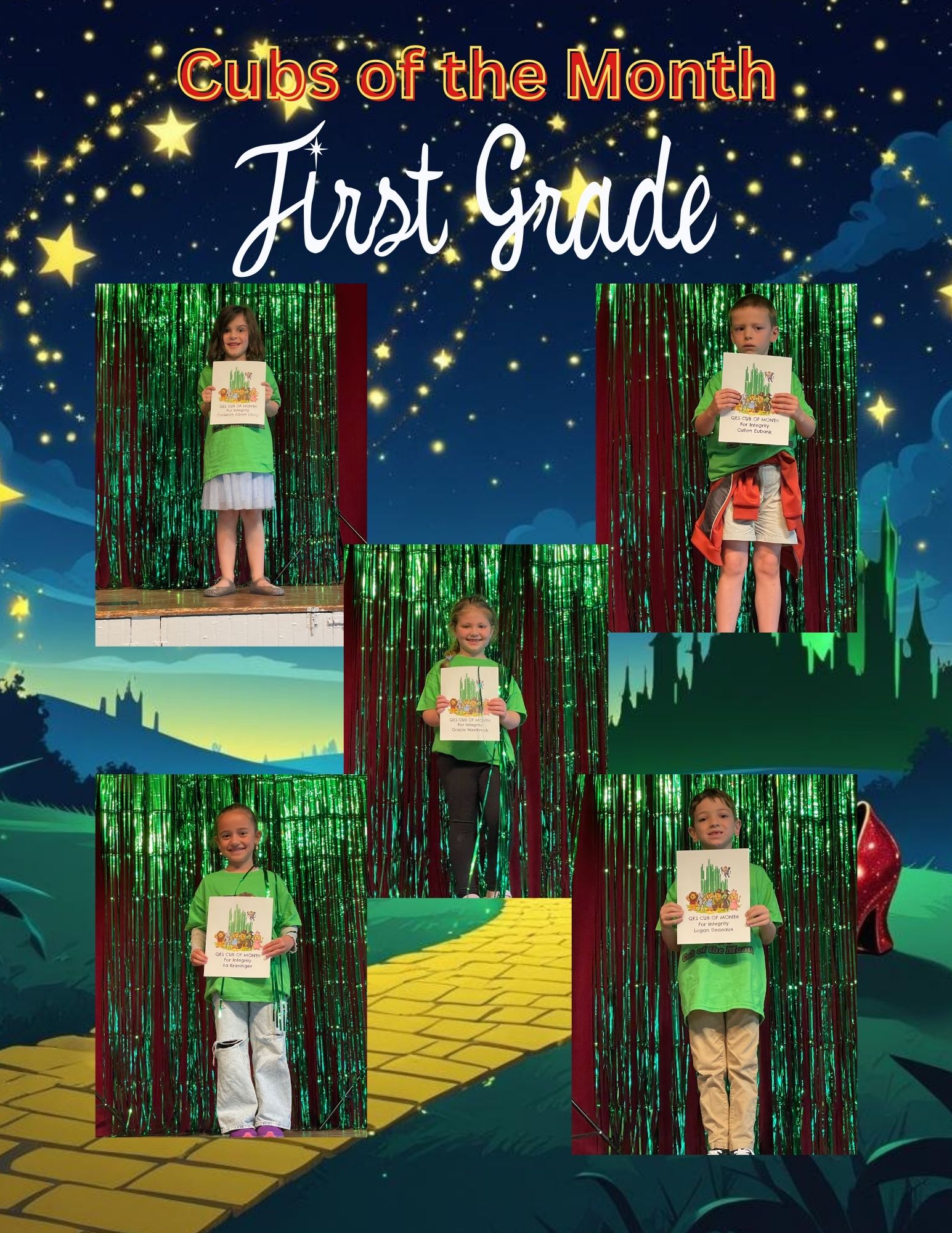 Alt text: A collage titled “Cubs of the Month – First Grade” shows five first‑grade students standing individually in front of a green tinsel curtain, each smiling and holding a Cubs of the Month certificate. The background design includes a starry night sky and a yellow brick road leading toward a castle, creating a whimsical Wizard‑of‑Oz‑inspired theme.
