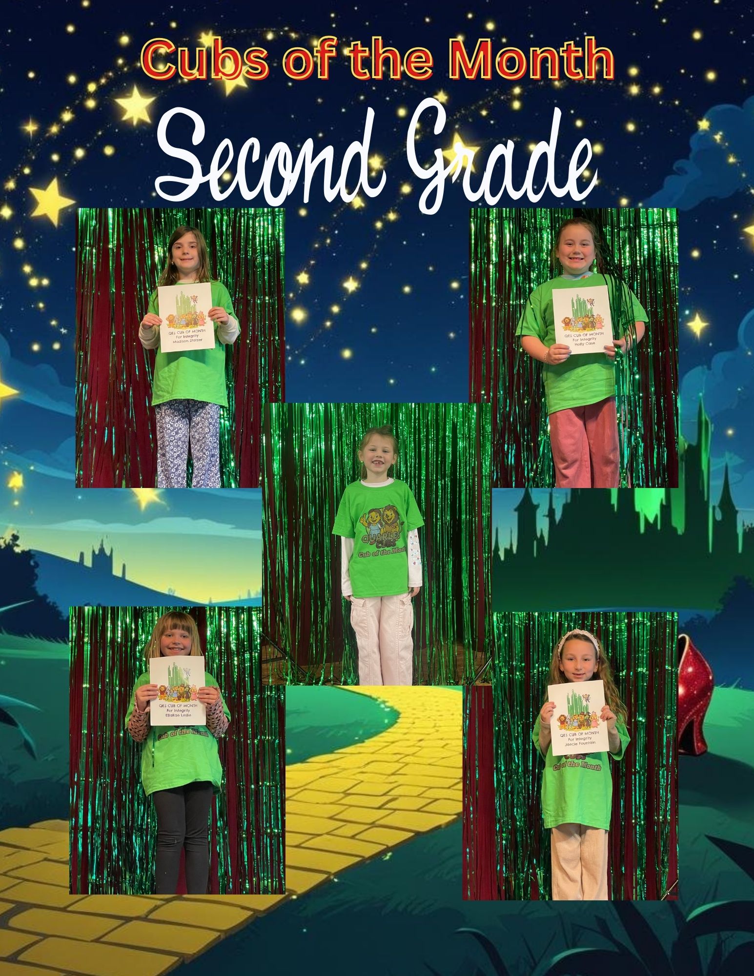 A collage titled “Cubs of the Month – Second Grade” shows five second‑grade students standing individually in front of a green tinsel backdrop, each smiling and holding a Cub of the Month certificate decorated with cartoon lions. The background design features a starry night sky and a yellow brick road leading toward a castle, creating a whimsical, Wizard‑of‑Oz‑inspired theme.