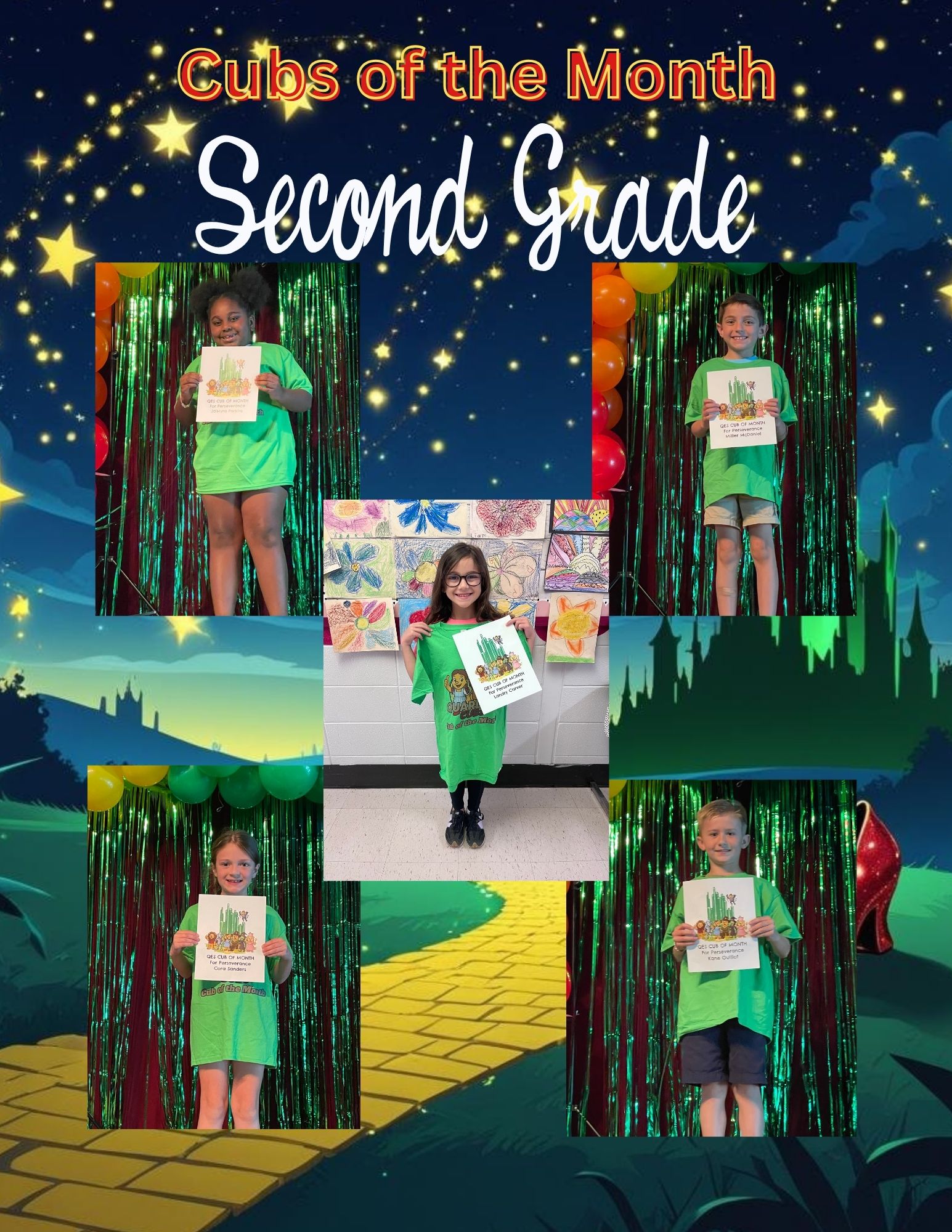 A collage titled “Cubs of the Month – Second Grade” shows five second‑grade students standing individually in front of a green tinsel backdrop, each smiling and holding a Cub of the Month certificate decorated with cartoon lions. The background design features a starry night sky and a yellow brick road leading toward a castle, creating a whimsical, Wizard‑of‑Oz‑inspired theme.