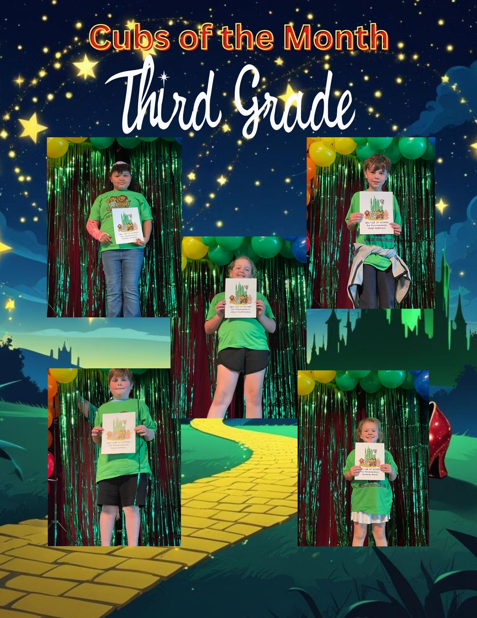 A collage titled “Cubs of the Month Third Grade” features five third‑grade students standing individually in front of a green tinsel backdrop with colorful balloons overhead. Each child holds a certificate. The background includes a Wizard‑of‑Oz‑themed scene with a yellow brick road leading to a distant castle and a red shoe on the right side.