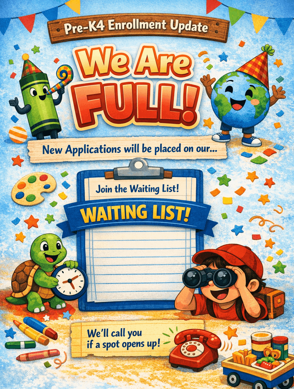 A colorful Pre-K4 enrollment update graphic with a playful, school-themed design. At the top, a wooden sign reads “Pre-K4 Enrollment Update” with bright pennant banners above it. Large text in the center says “We Are FULL!” next to a smiling green crayon and a happy globe, both wearing party hats, surrounded by confetti, stars, a paint palette, and a school bus. Below, a torn paper banner reads “New Applications will be placed on our…” above a large clipboard that says “Join the Waiting List!” and “WAITING LIST!” in bold letters. A turtle holding a clock stands on one side, and a child with binoculars and a red cap looks excited on the other. At the bottom, a yellow notepad reads “We’ll call you if a spot opens up!” next to a ringing red phone and a snack cart, reinforcing that new applicants will be placed on a waiting list.