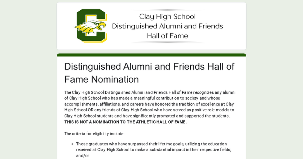 Clay HS Distinguished Alumni and Friends Hall of Fame Nomination