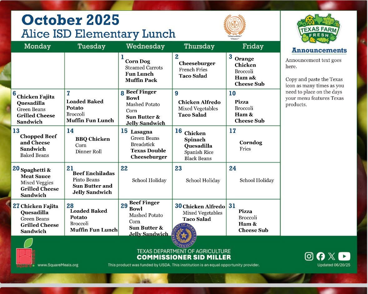 October Lunch Menu