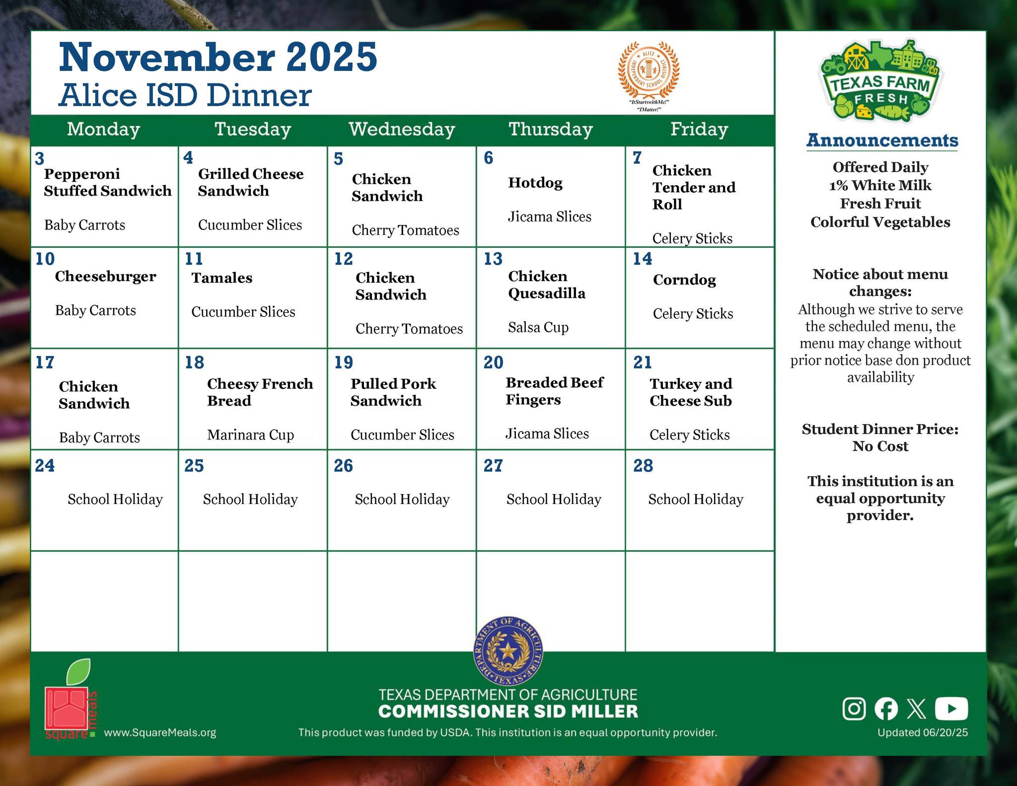 November Dinner Menu