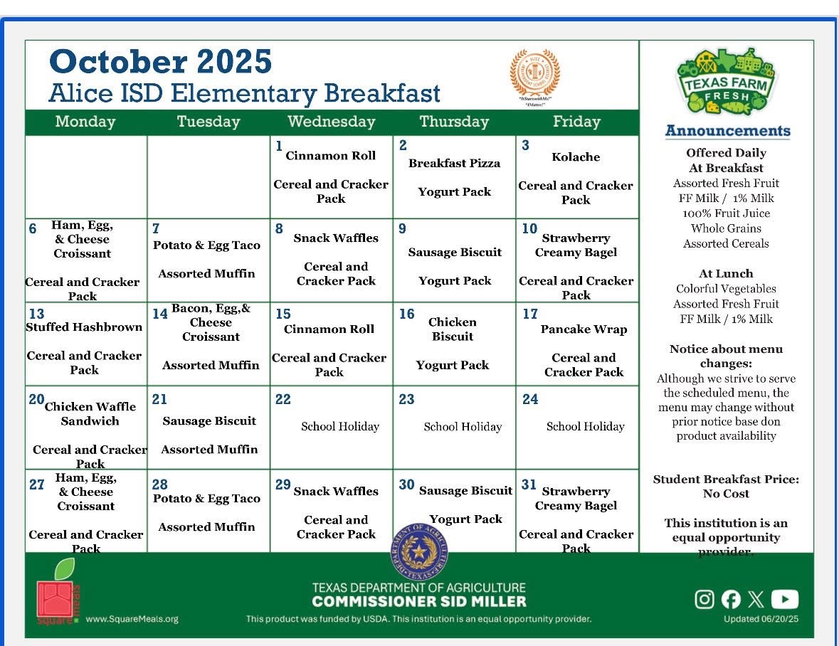 Breakfast menu for October