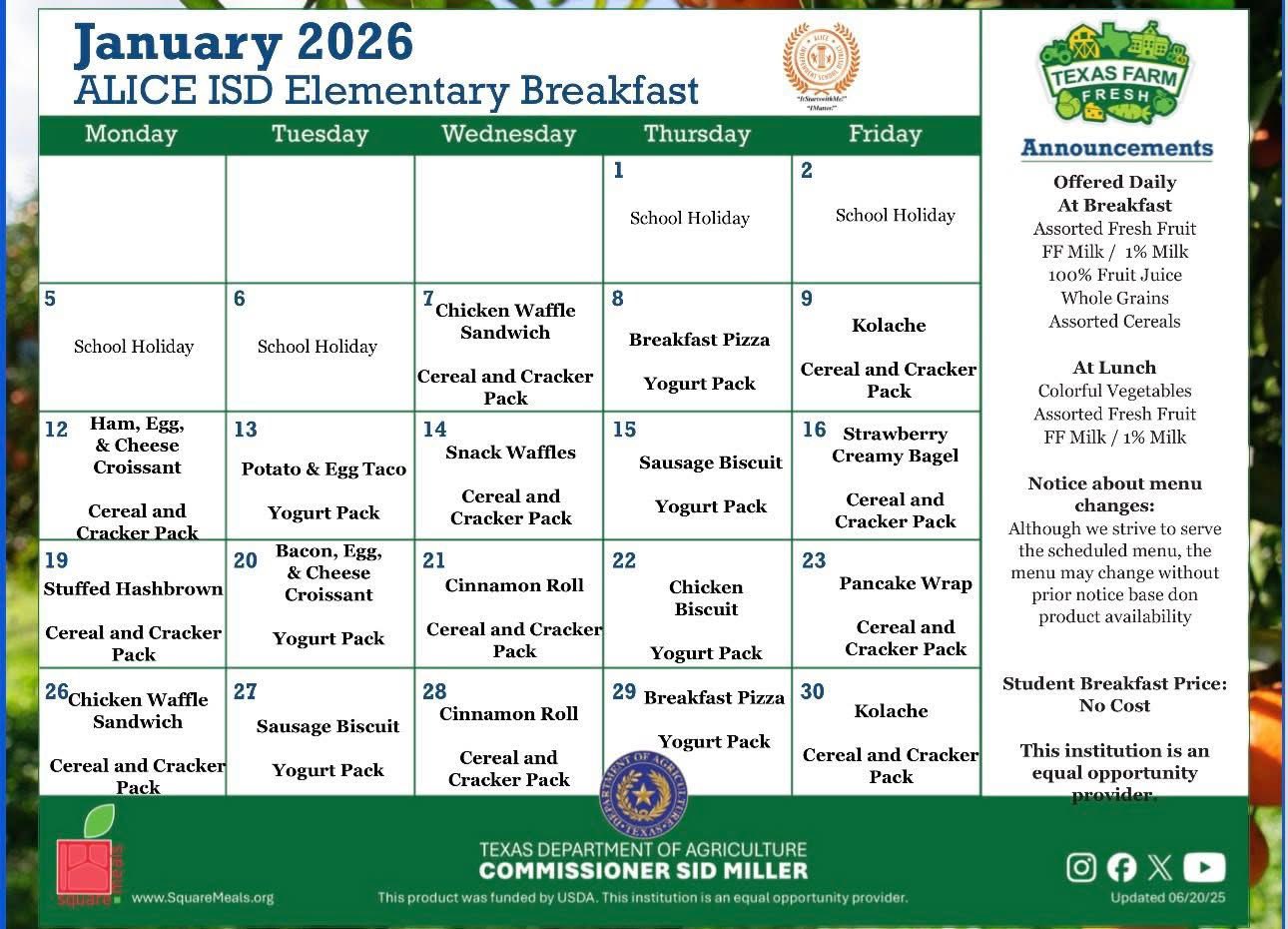 January Breakfast Menu 