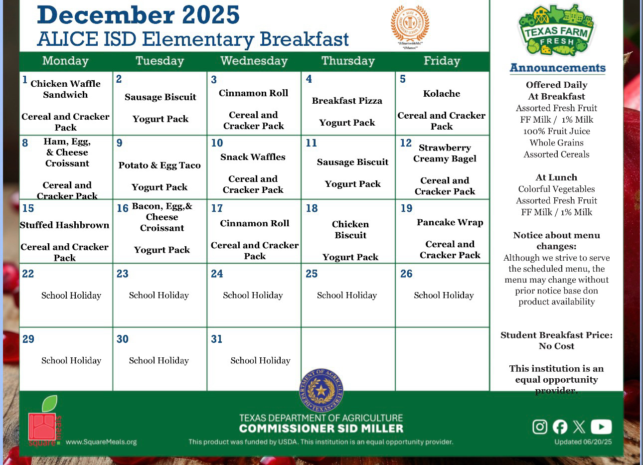 December Breakfast Menu 