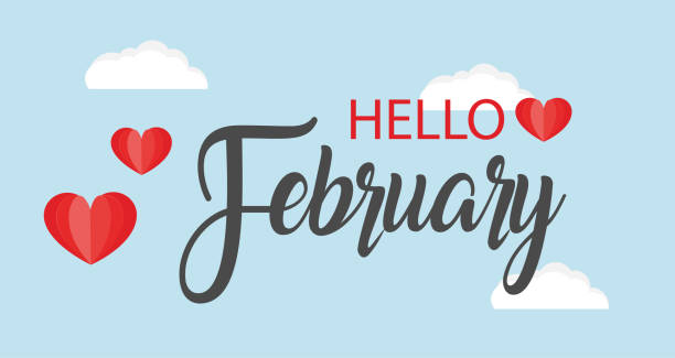 Blue sky with three fluffy clouds and red hearts in the background with the word in the middle saying "Hello February"