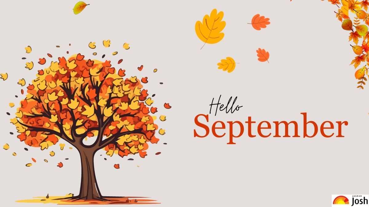 A cartoon illustration shows an autumn tree with orange, red, and yellow leaves. The text "Hello September" is written next to it in a combination of script and serif fonts.