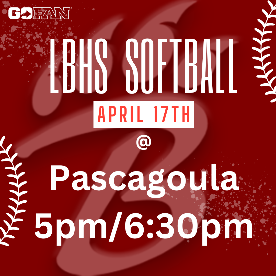 A promotional graphic announces a Bearcats baseball game. At the top, bold text reads “Bearcats Baseball” above a large stylized letter B with claw marks. The center features the words “Game Day” and shows the matchup “Long Beach vs Pascagoula,” with each team’s logo on either side. The date and time are listed as April 17 at 7 p.m., and the location is noted as “at home.” The background shows a lit baseball stadium at night. Logos for B Broadcast Network, GoFan, and NFHS Network appear along the bottom.
