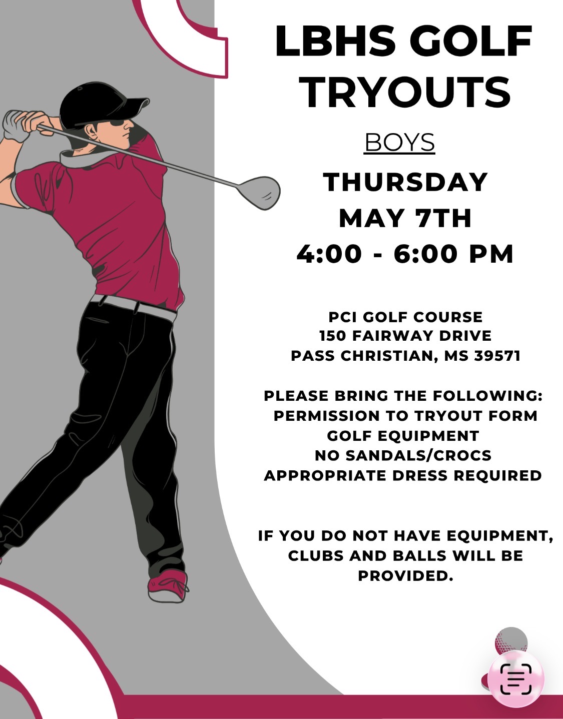 Boys Golf Tryouts May 7th 4pm to 6pm at PCI in Pass Christian