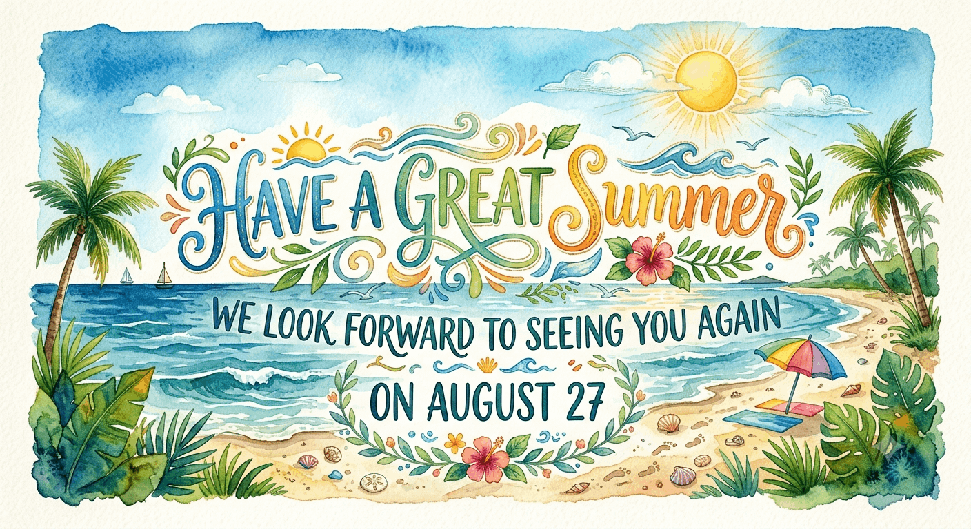 Sign saying have a great summer and see you on the first day of school August 27. 
