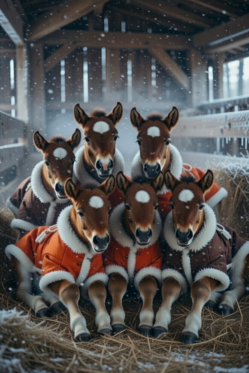 Colts, bundled, coats, orange, black, snow, barn.