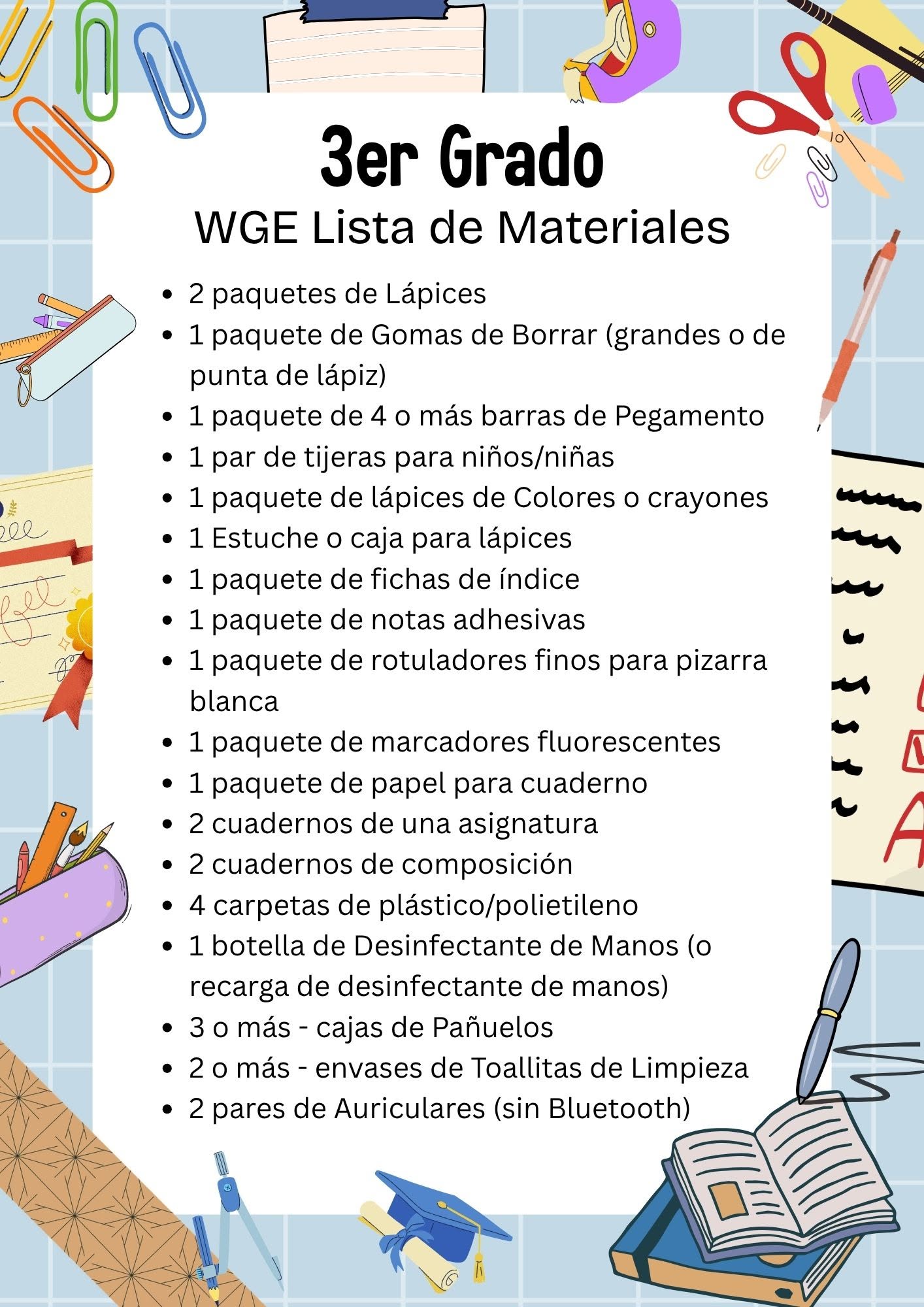Lista de Útiles Escolares de 3.º Grado