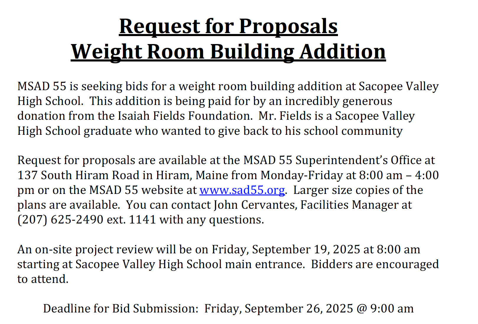 RFP Weight Room Addition