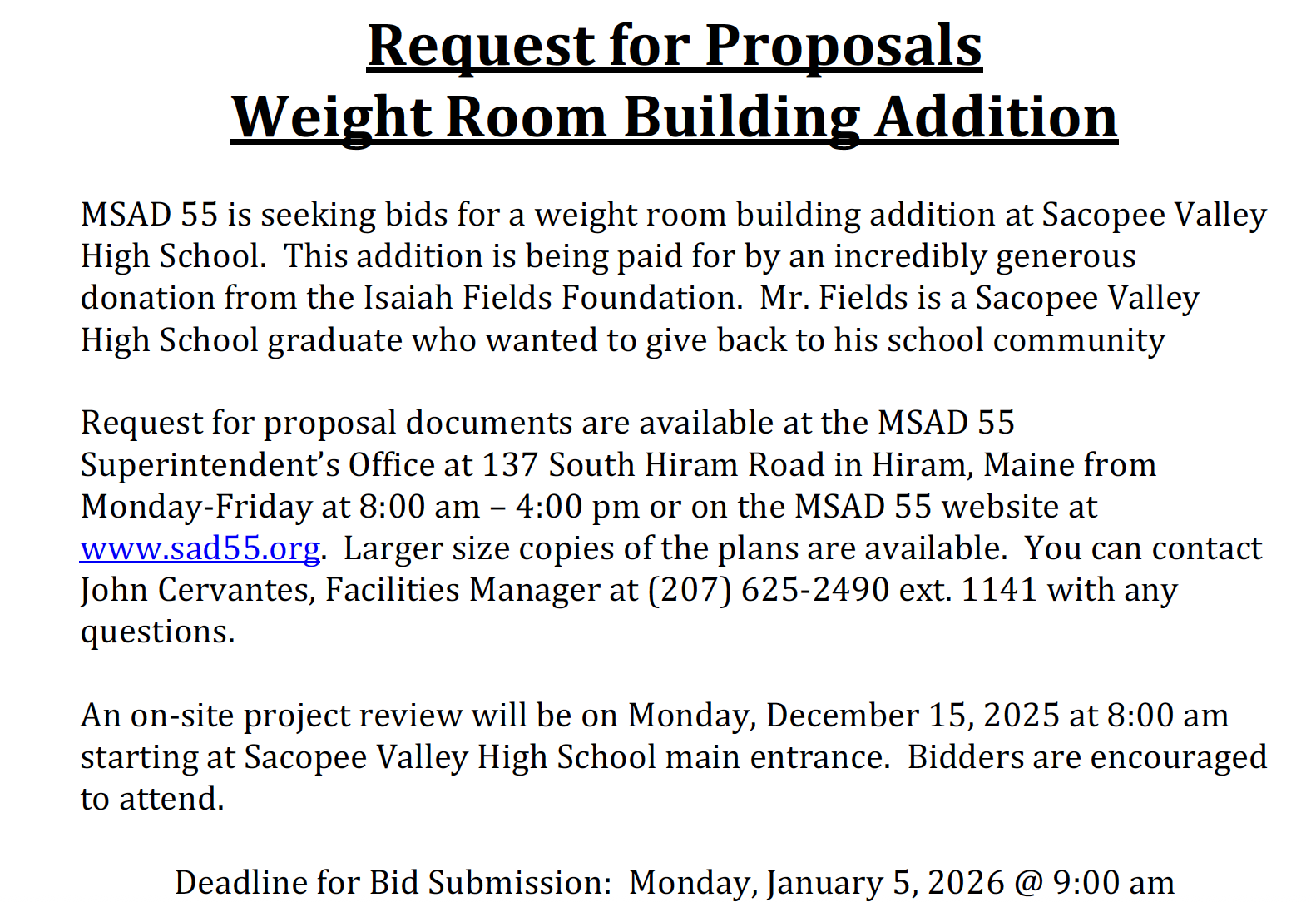 Weight Room Addition RFP