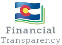 State of Colorado financial transparency logo: the state of Colorado flag made to look like it is on top of a stack of money